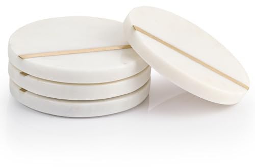 EHC Round Marble Coasters with Gold Inlay - Set of 4 Non-Slip Drink Pads for Coffee, Beer Bar Mat - White