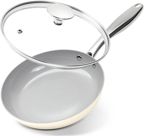 MICHELANGELO 20cm Ceramic Frying Pan, Non Stick Fry Pan with Lid, Small Skillet Nonstick, Non Toxic Frying Pan, Ceramic-Coated, Beige