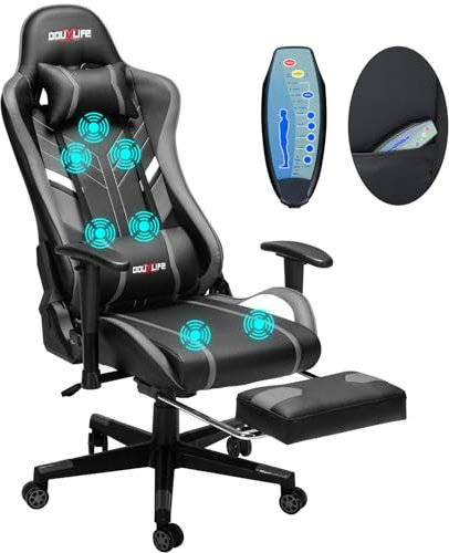 Douxlife Gaming Stuhl, mit 7 Punkt Massage, Fußstütze, Ergonomischer Bürostuhl, 90-175° Rückenlehne Einstellbar, Verstellbare 2D Armlehne, PC Gamer Stuhl Schreibtischstuh, 180KG, Grau