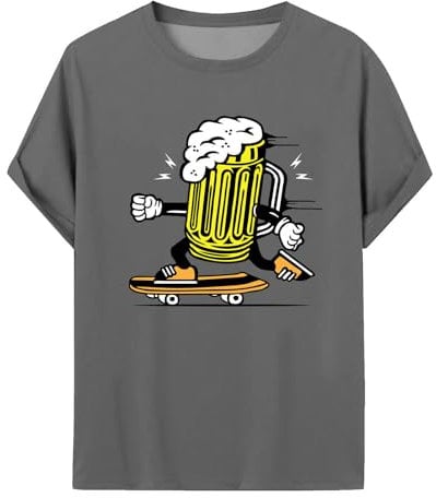 ColleeLin F 91 W Herren T-Shirt Mode Sommer Kurzarm Top Cartoon Bierkrug Druck Herbst Tops Herren (Grey, XL)