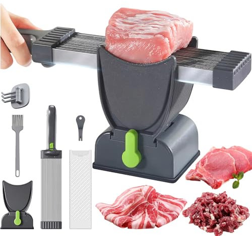 Meat Slicer Machine for Home, Stainless Steel Meat Cleaver, 2-4 mm Adjustable Thickness Fresh Meat Cutter Food Slicer with Sharpener, 2 x Cleaning Brushes, Dishwasher Safe, for Beef Pork Gray