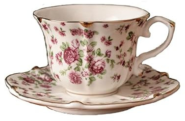 FUENYEJIA 200ML English Porcelain　Ceramic Coffee Cup, European-Style Patterned Tea Cup and Saucer Set, Retro Luxury Gold-Trimmed Afternoon Tea Cup (Red Rose)