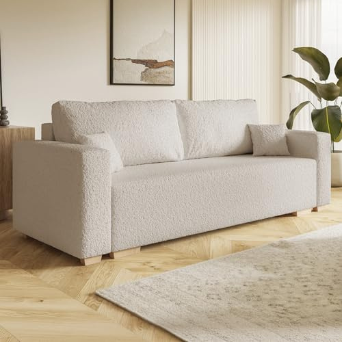 MOTIVENA Viego Sofagarnituren, 3 Sitzer Sofa mit Bettfunktion, Schlafsofa 215 cm Breit, Klappsofa mit Schlaffunktion, Bettsofa mit Schlaffunktion, Taschenfederkern (H3), Boucle Sofa Beige (Creme)