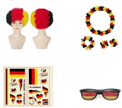SGZIOO Deutschland Fanartikel Fußball EM 2024, 7-Teilig Fanpaket EM Fußball, EM Deko Deutschland 2025, Fanartikel Deutschland Schminke Set mit Perücke, Sonnenbrille, Pfeife, Girlanden,Tattoo-Aufkleber