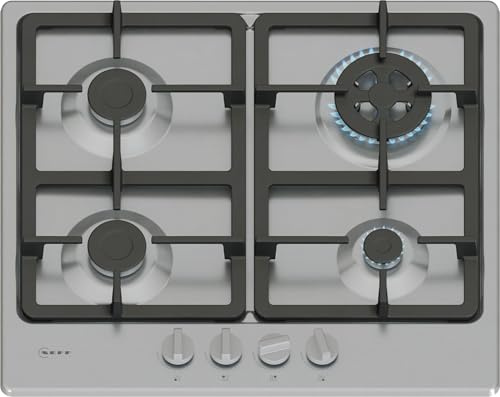 NEFF N50 T26GKH8N0 60cm Gas Hob with 4 Burners, Stainless Steel | 3.3kW Wok, 2 Dishwasher suitable cast iron pan supports, new standard sword dials
