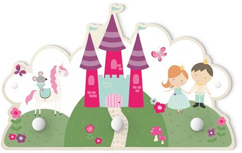micasia Kindergarderobe Holz Druck kindgerechtes Design - Made in Germany - Prinzessin Illustration Hakenleiste für Kinderzimmer pink Flur Kindergarderobenleiste 1100 (40x25cm)