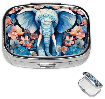 Pillendose 2 Fächer Mini Medizin Pillendose Elefant und Blume Pillenhalter für Geldbörse Tasche Wasserdicht Metall Pillenbehälter Dekorative Medizin Pillen Organizer für Reisen oder Alltag