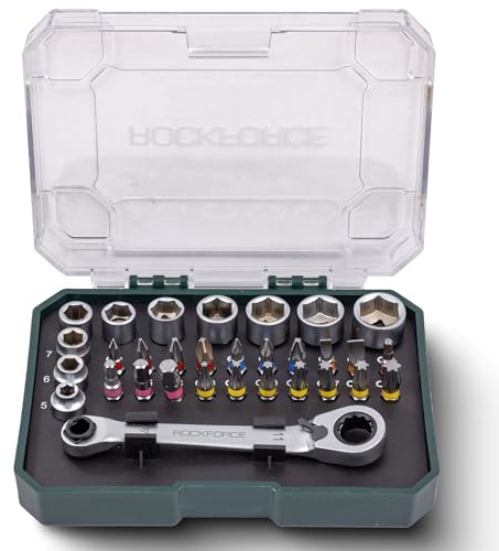 Rockforce Juego de Llaves de Vaso 31 Piezas 1/4 – Mini Carraca, Juego de Vasos, Puntas y Vasos Hexagonales en Cr-V con Maletín Compacto – Caja de Herramientas para Coche, Taller y Bricolaje