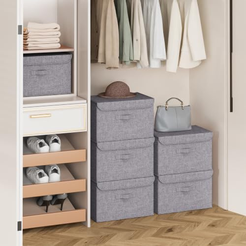 5 Pack of Stackable Storage Boxes with Lids Linen Wardrobe Organiser 37.8L | Large Foldable Shelf Basket, 3 Sturdy Handles Fabric Containers for Clothes, Towel, Toy, Office, Bedroom Space Saver, XL Grey