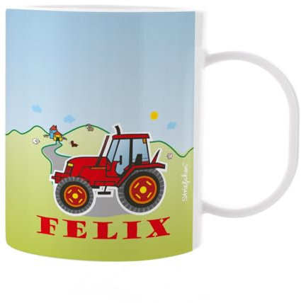 Striefchen® Kunststoff Kindertasse für Jungen mit Wunschname bedruckt - verschiedene Motive Traktor Rot