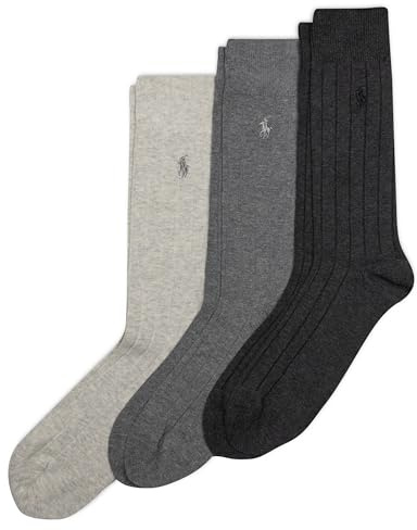 POLO RALPH LAUREN Mens Cotton Ribbed Dress Socks - 3 Pair Pack Soft And Lightweight Comfort Rib Crew, Charcoal, 6-12.5 US