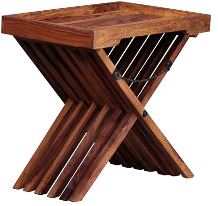 FineBuy Beistelltisch 60x40x57 cm Sheesham Massivholz, Klapptisch | Tabletttisch mit abnehmbarem Serviertablett, klappbares Gestell, Couchtisch im Landhausstil, handgefertigt