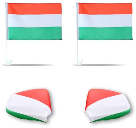 Auto Fahnen Ungarn Set - 2 Autofahnen 30 x 45 cm & 2 Außenspiegelfahnen Überzieher, Fußball Fanartikel FZG für EM & WM, Ungarische Flagge Fahrzeug Deko