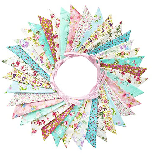 G2PLUS Süße Beidseitig Wimpel Girlande, 10M Bunting Wimpelkette Stoff, Blau und Rosa Stoffgirlande mit 36 STK Farbenfroh Wimpeln für Hochzeits Geburtstag Party