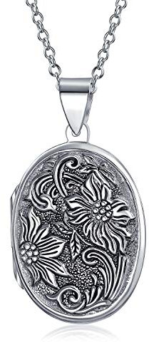 Vintage Stil Geprägte Scroll Blumen Sonnenblumen Foto Oval Medaillons Halskette Anhänger Für Frauen, Die Bilder Halten, Oxidiertes .925 Sterling Silber Groß