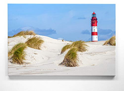 EIN 180x100cm großes XXL Nordsee Leinwandbild - Leuchtturm mit Düne, als Panoramabild. Einteiliges, großes Bild für die Wand als Deko für Wohnzimmer & Schlafzimmer. Aufgespannt auf 4cm Holzkeilrahmen