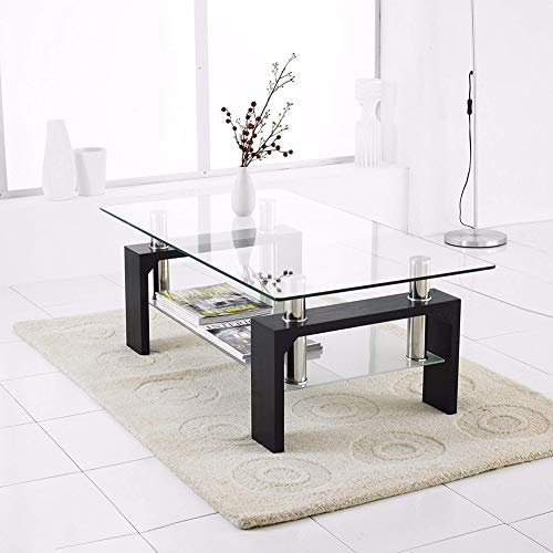 LEMROE Modern Rectangle Coffee Table with Metal Frame Tempered Glass Side Table with Storage Shelves Living Room Furniture (Black)