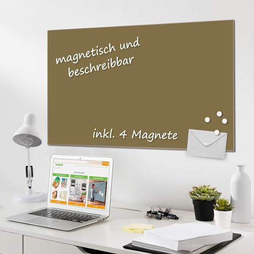 banjado Glas Magnettafel 120x80cm / Magnetwand Glas/Magnetpinnwand als Memoboard Glas/Pinnwand Magnettafel Küche, Büro, Kinderzimmer inkl. 4 Magnete & Montageset - Gold Metallic