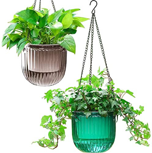 Melphoe Confezione da 2 vasi da fiori autoirriganti da appendere, per interni, 16,5 cm, per esterni, con 3 ganci, fori di drenaggio per giardino e casa (smeraldo + grigio)
