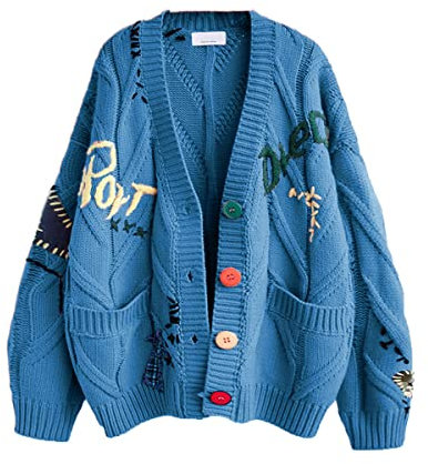 Women's Cable Knit Long Sleeve Open Front Cardigan Sheep V-Neck Button Down Embroidery Wool Blend Sweater Coat Outwear, RoyalBlue, XL