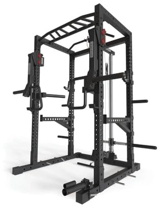 Atletica R7-Kano Power Rack | Power Rack mit Latzug-/Ruderstation, Jammer/Spotter Arms, Pull-Up/Dip Bar, J-Hooks, Weight-Pins, Landmine, Band Pegs Größe 203cm Höhe