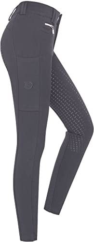 RIDERS CHOICE Pantalones de equitación de algodón con ribete completo de silicona para niños con funda para teléfono, gris oscuro, 164 cm