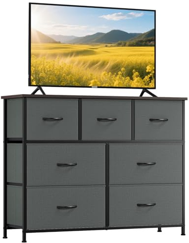 Somdot Kommode mit 7 Stoffschubladen, Schlafzimmer, Kohlegrau | Komodenschrank, Stoffkommode, Großer Stauraum, Metrallrahmen, Holzwerkstoffoberplatte,Wohnzimmer, Flur, 30T x 100B x 77H