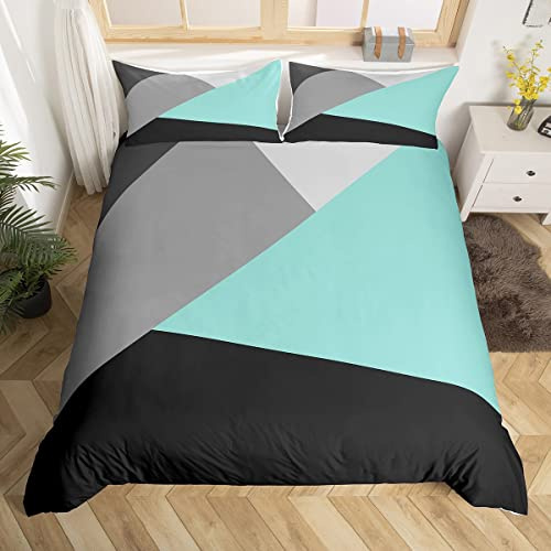 Homewish Patchwork Teal Triangle Bedding Set Turquoise Black Gray Geometric Comforter Cover Modern Abstract Duvet Cover For Adults Men Women Soft Lightweight Quilt Cover Zipper 3 Pcs King