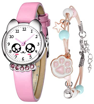 KDM Kinderuhr Mädchen Jungen Set Armbanduhr für Kinder, Armbanduhr Kinder 30M wasserdichte Analog Quarzuhr, Kinder Uhr für Mädchen Rosa Teaching Handgelenk Uhren mit Leder Armband