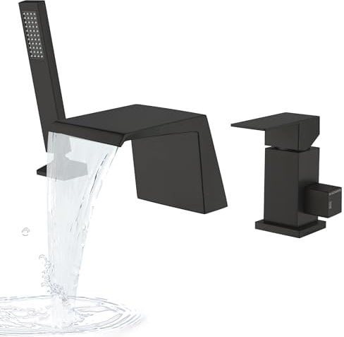 LIWEIKE Robinet Baignoire 3 Trous, Mitigeur Baignoire Noir Robinet Baignoire avec Douchette avec Ensemble Robinets Baignoire à Cascade Généralisée