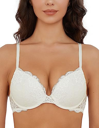 WingsLove Women's Push up Bra Floral Lace Padded Underwire Bra Demi Plunge Ivory