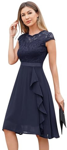 Odizli Robe de cocktail pour femme élégante à manches courtes en dentelle et volants - Robe de soirée courte, bleu foncé, L