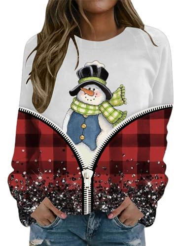 HZMM Turnanzug Mädchen Langarm Samt Damen-Sweatshirt, Blumendruck, Fleece, Rundhalsausschnitt, langärmelig, lässiger Kapuzenpullover für Weihnachten Pulli Mit Hemdkragen Damen (White, L)