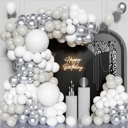 140Pcs White Silver Grey Balloon Arch Kit, White Metallic Silver Party Balloons Garland Kit for Birthday Bridal Baby Shower Congratulations Wedding Anniversary Party Decorations Supplies