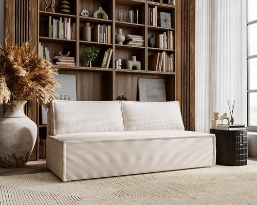 Kaiser Möbel, Klappsofa mit Schlaffunktion, Sofa Duo, Schlafsofa Couch, Loungesofa, Bettsofa, Wohnzimmer, Schlafzimmer, POSO Stoff- Cord 90 x 200 x 92 cm Beige