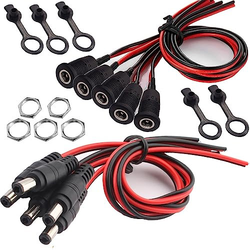 RUNCCI-YUN 5 Pairs 18AWG 12V 5A DC Power Pigtail Cable, Conectores CC Macho de 2,5 mm x 5,5 mm, 20AWG Adaptador de Conector Hembra de Montaje en Panel