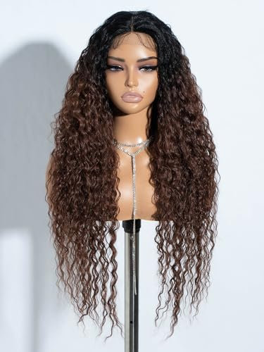 Joedir Braune Perücken für Frauen, lange ombre braune lockige Perücke mit dunklen Wurzeln, 76 cm T-Teil Spitze vorne Perücken synthetische hitzebeständige Faser Perücke