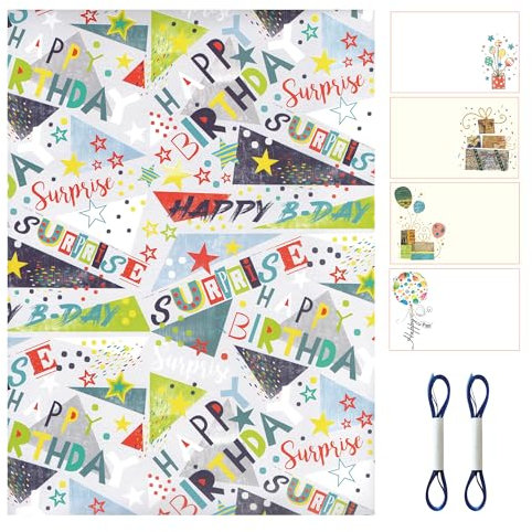 ARKRAFT Geschenkpapier-Set 4 Bögen Format 90 x 65 cm 4 Grußkarte 2 x 5 m Band (Set 18-9327)