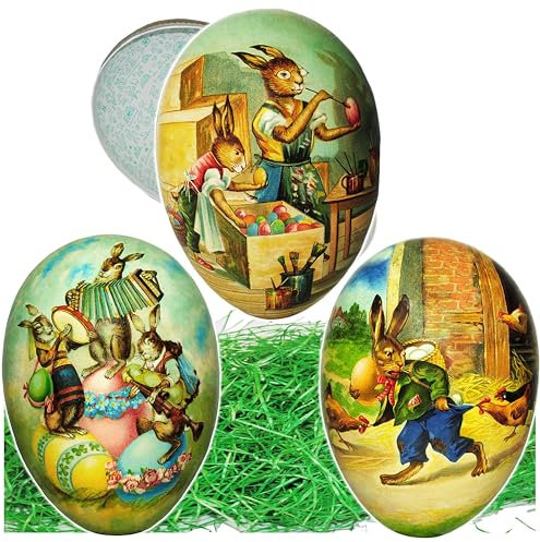 alles-meine.de GmbH Set - Ostergras & 3 Füll - Pappeier 36 cm - nostalgische Osterhasen - Osterei - Ei zum befüllen - Deko Pappe Papp Pappeier Dekoei Pappostereier Füllen - Pappo..