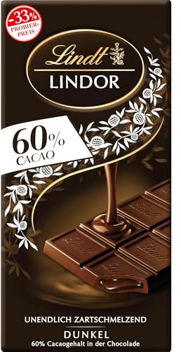 Lindt Schokolade LINDOR 60 % Kakao, Promotion | 100 g Tafel | Edelbitter-Schokolade mit einer unendlich zartschmelzenden Füllung | Schokoladentafel | Schokoladengeschenk, 2023 Version