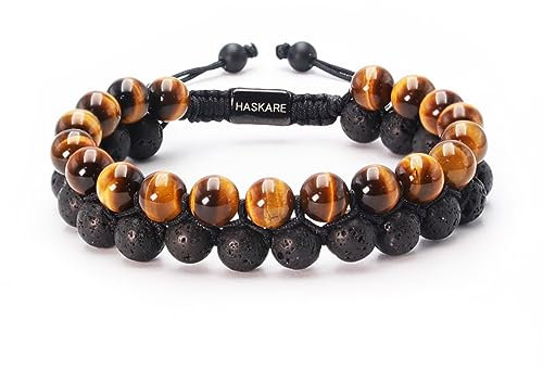 HASKARE Edelstein Armbänder Tigerauge Armband Herren Perlen, Hochwertiges Schmuck Kristall Armband Herren Naturstein Tigerauge Lavasteine Doppelte Armbänder 8MM, Heilende Geschenk für Männer