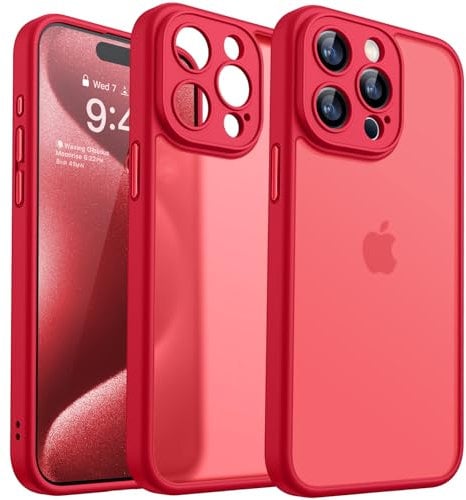 CANSHN Matte Compatible with iPhone 15 Pro Max Case, Upgraded [Full Camera Protection] [Translucent Matte] Shockproof Protective Phone Case 6.7 - Red