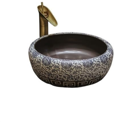 HLHLOP777 Badezimmerspüle Vintage Art Aufsatzwaschbecken rund Antik Keramik chinesisches Handwaschbecken Badezimmer Waschbecken Wendewaschtisch