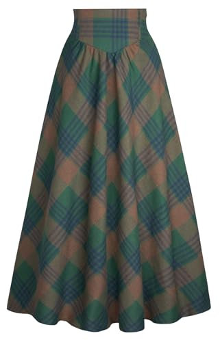 Viktorianische Kariert Rock Damen Vintage High Waist mit Kordelzug Lange Röcke Grün Plaid M
