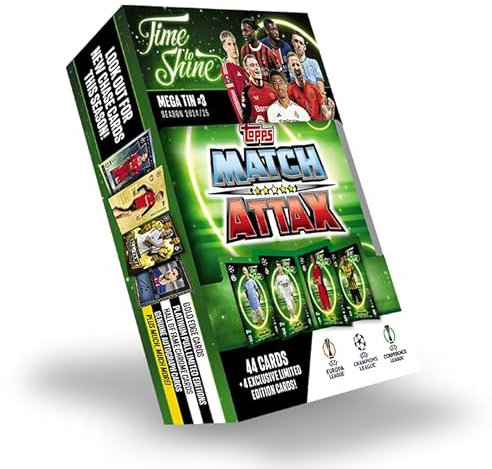 Topps Match Attax 24/25 - Mega Tin 'Time to Shine' - Tin 3 - Enthält 44 Match Attax Karten Plus 4 Exklusive LE's - Erling Haaland, Arda Güler, Mathys Tel und Karim Adeyemi!