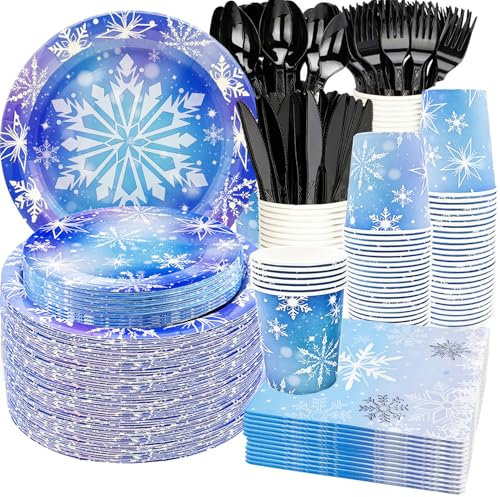 175Pcs Frozen Snowflake Party Supplies Set 9Snowflake Paper Plates7Winter Snowflake Frozen Plates Napkin Cup Knive Fork Spoon for Winter Wonderland Xmas Snowflake Birthday Party Decor Serve25 (Blue)