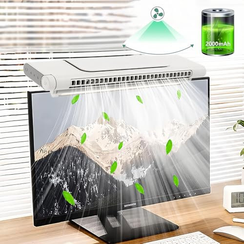HT YUNJLI USB Desk Fan Battery Operated, Portable Clip on Fan with Dimmable Light Bar, 3 Speed Quiet Rechargeable Mini Table Fans, No Blades, Space-Saving for Home, Office, Camping Outdoor, White