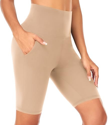 FuelMeFoot Radlerhose Damen mit Taschen High Waist Shorts Sporthose Kurze Blickdicht Sommer für Biker Gym Fitness Joggen Pilates. 06-Beige S/M