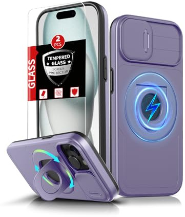 FRLMOOES für iPhone 14 Plus Hülle & für iPhone 15 Plus Hülle kompatibel mit MagSafe Magnetisch Schutzhülle,mit 2 Displayschutz, 360°Ständer,Kameraschutz,Hochleistungsschutz Militärischer Stoßfest,Lila