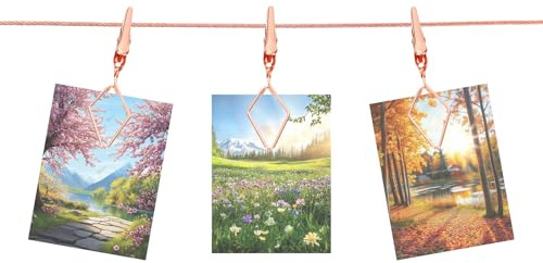 sourcing map Steel Wall Hanging Photo Display Cable Wire Rod with 10 Rhombus Clips, 5Ft Adjustable Hanging Picture Frames Collage Wall Decor for Hanging Photos Notes Postcard Art Rose Gold